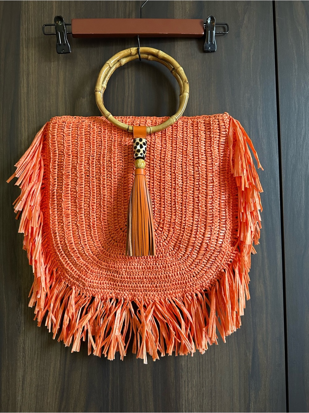 Orange Fringe Straw Tote with Bamboo Handles